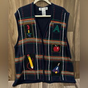 Vintage Back to School Navy Embroidered Sweater Colorful Cardi Knit Vest 2X